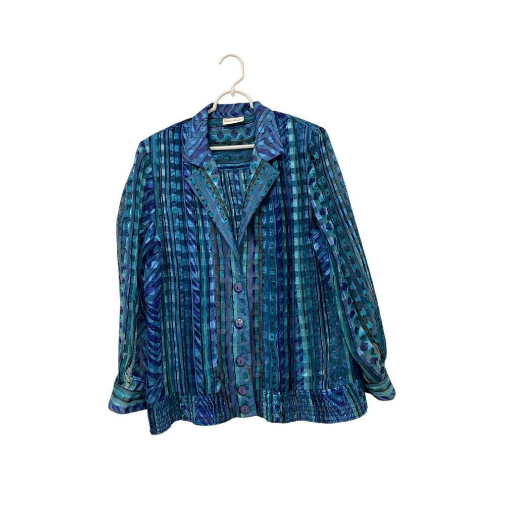 Philippe Marques Top Womens Blue Printed Button Front Long Sleeve Blouse Vintage